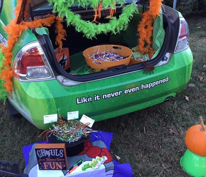 Halloween style decorated SERVPRO car at trunk or treat event at Salem Baptist Church lot